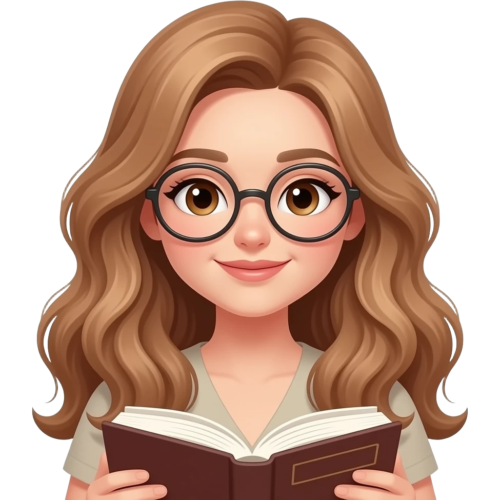 detailed emoji illustration of a curvy woman with long light brown wavy hair, light brown eyes and round glasses reading a book, peaceful expression, cozy atmosphere, cute emoji style emoji