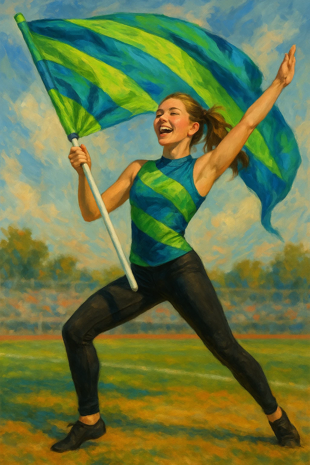 colorguard girl holding a green and blue flag, wearing black leggings and a green and blue top, energetic pose, clear details emoji