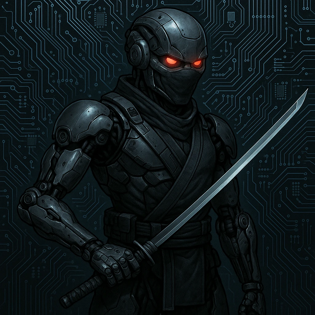 cyber ninja, robotic limbs, red LED eyes, holding a katana, circuit board background emoji