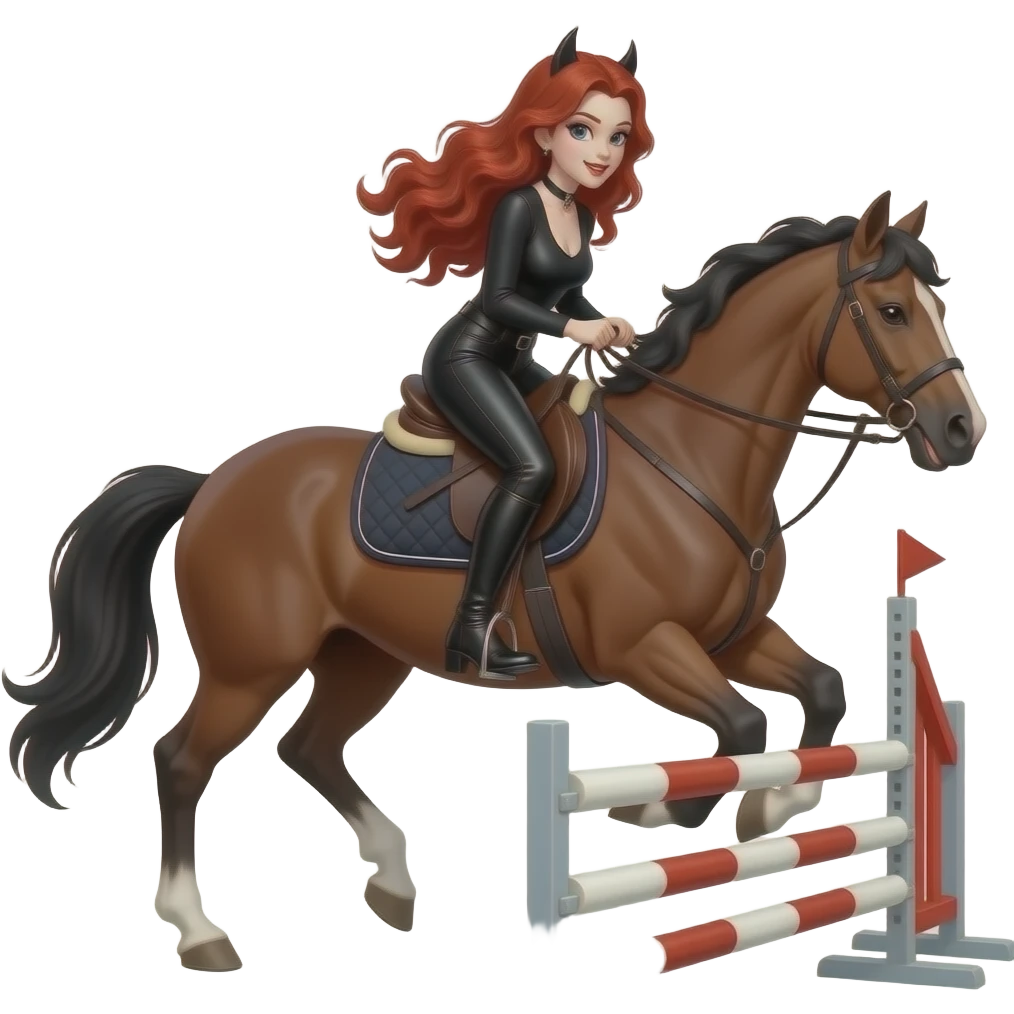 Vampiro femmina ADOLESCENTE con pelle bianca e capelli rosso ondulati lunghi in una coda che indossa dei pantaloni di pelle neri un top con maniche lunghe neroe degli stivali lunghi neri con tacco che cavalca un cavallo e fa' una gara ad ostacoli emoji