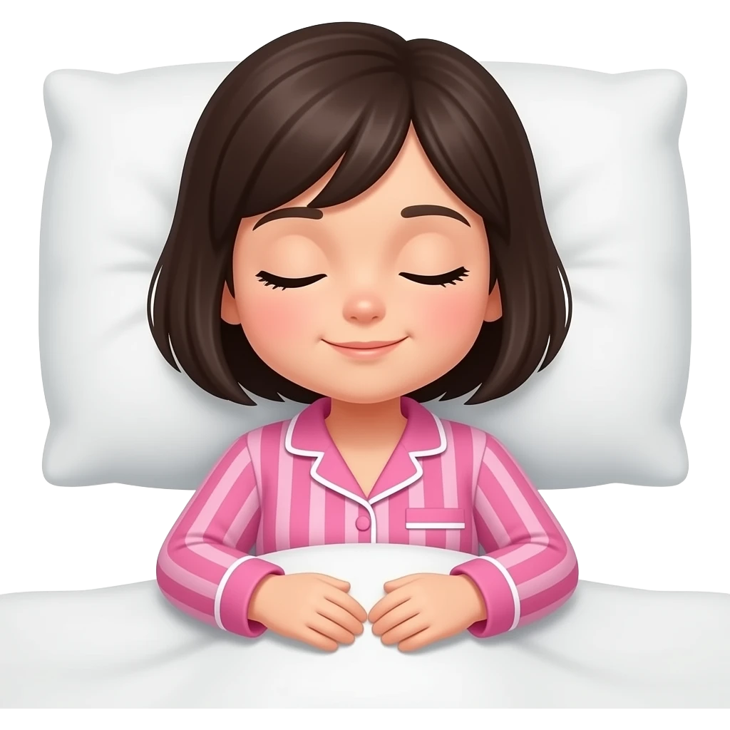 chica de cabello oscuro y corto, con una pijama color rosa con rayas, dormida en su cama emoji
