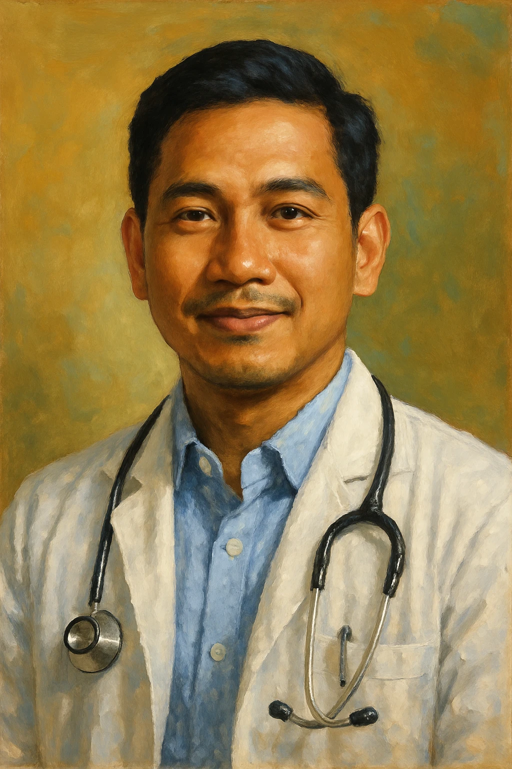 Сгенерируй мне в стиле реалистичной, яркой живописи врача внешности индонезиата, азиата. На однородном фоне emoji