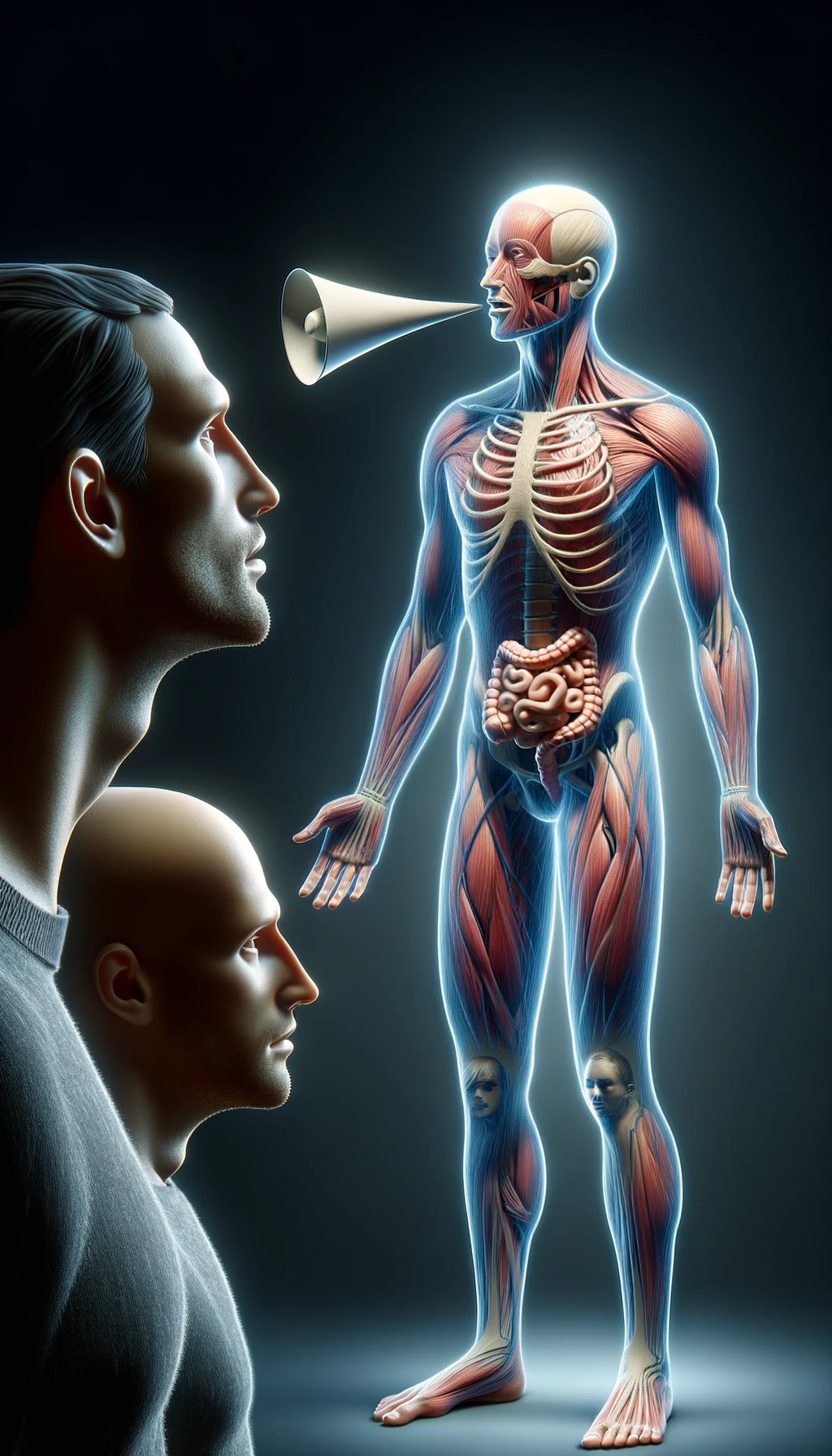 corpo umano anatomico che parla ma sopra di lui c'è il muto, un altra persona lo ascolta, immagine iperrealistica 4k emoji