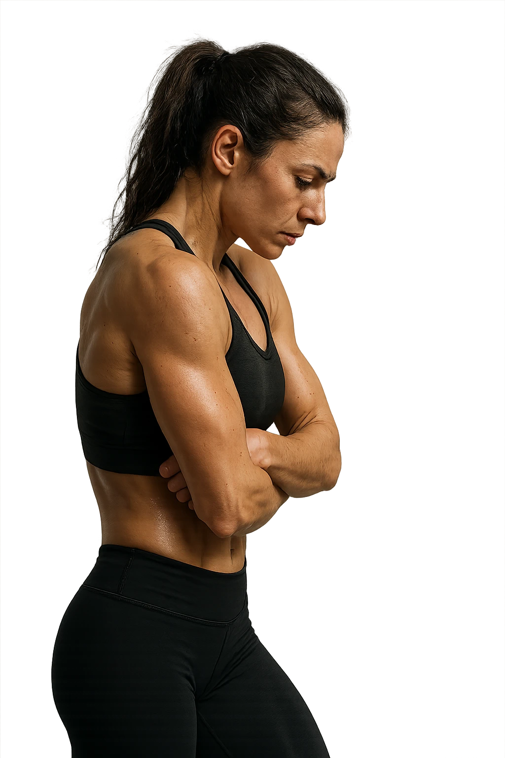 DONNA FITNESS DI PROFILO CON POSTURA CHIUSA E SPALLE IN AVANTI,  iperrealistico 4k emoji