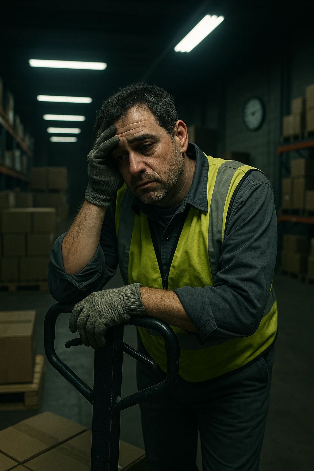 a tired warehouse worker in his 40s, wearing a reflective vest and work gloves, stands under harsh fluorescent lights in a large, dimly lit warehouse. He leans on a pallet jack, eyes heavy with fatigue and dark circles under them. Stacks of boxes and shelves loom in the background, and a wall clock shows it’s the middle of the night. The mood is somber and empathetic. emoji
