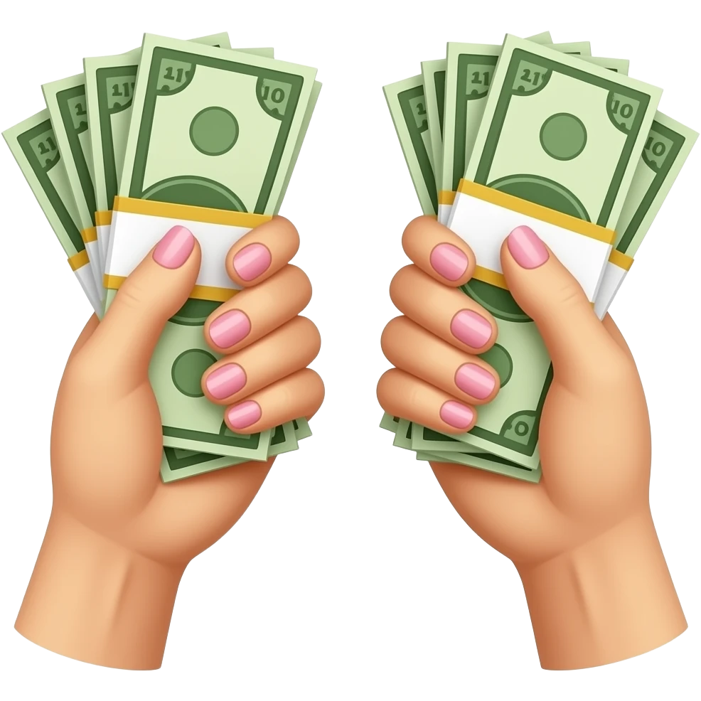 Two fair hands, their nails painted pink, each holding a stack of bills emoji