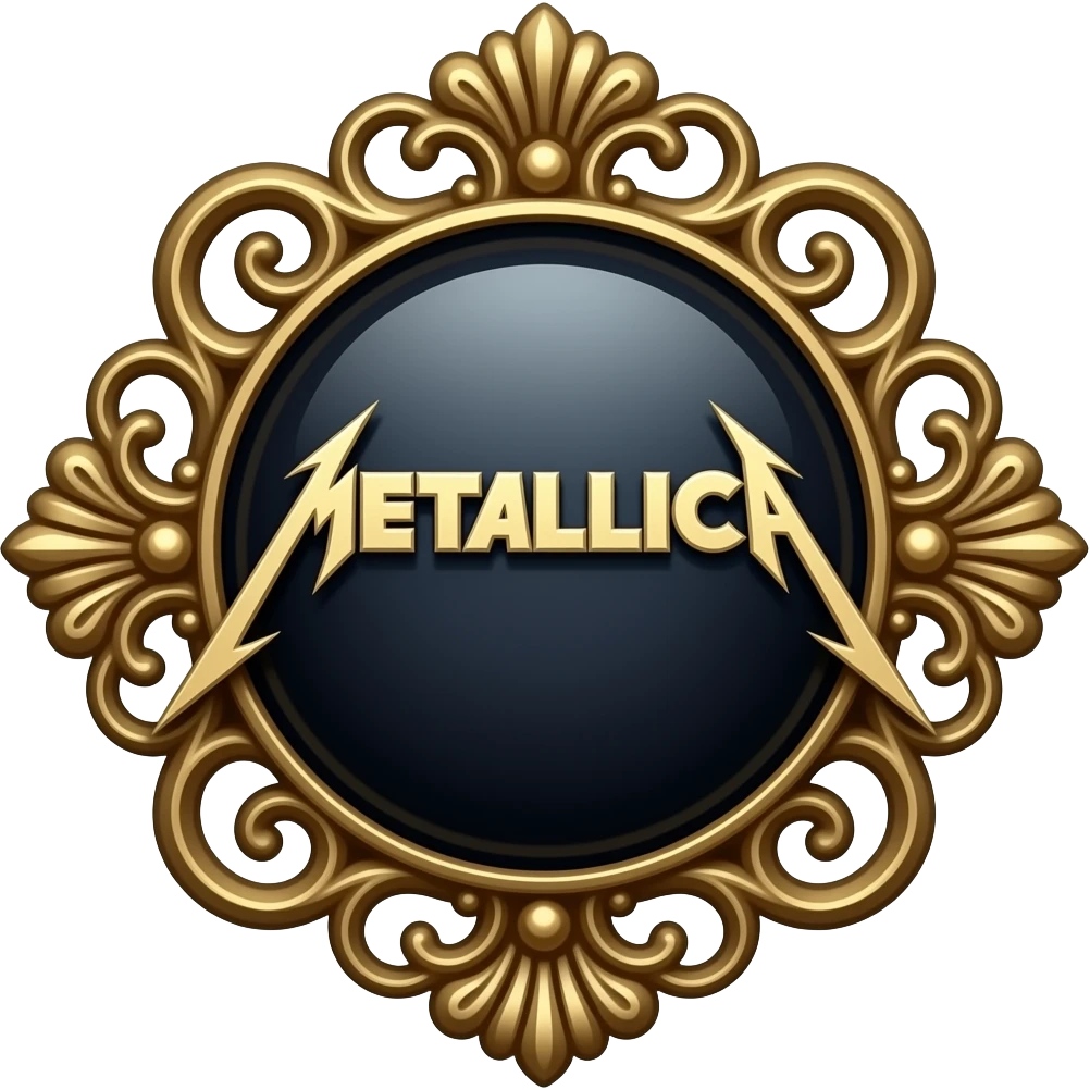 a victorian symbol for the group Metallica with a lot of arabesques and tendrils around the brooch on which the logo rests emoji