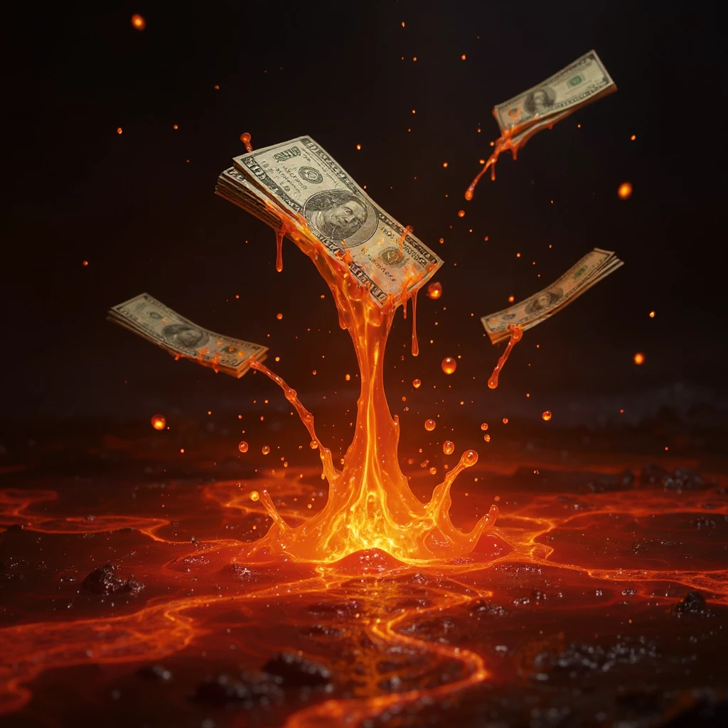 Transform the stacks of money into a scene where the money is flowing like lava, with a molten, liquid effect. The money should look real and the lava effect should be vivid and dynamic, in a realistic, photorealistic style. emoji