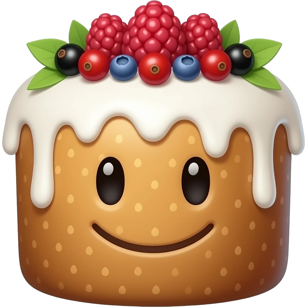 Улыбыющийся панеттоне с глазами с белой глазурью и украшением сверху из ягодок малины, грозди смородины красной черной, черники, зелеными лепестками emoji