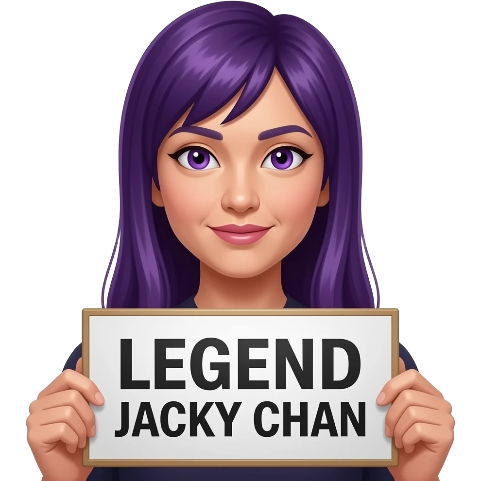 sexy girl with long purple hair and purple eyes holding LEGEND JACKY CHAN sign emoji