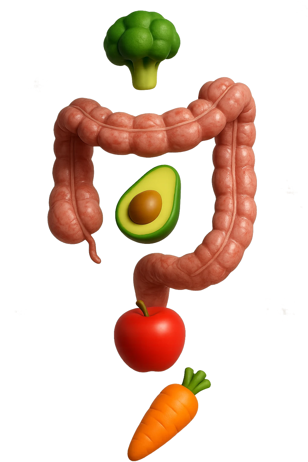 emoji stile iphone in 3d di cibo sano che fluttua in aria vericalmente insieme ùa pezzi di colon umano anatomico, iperrealistico 4k emoji