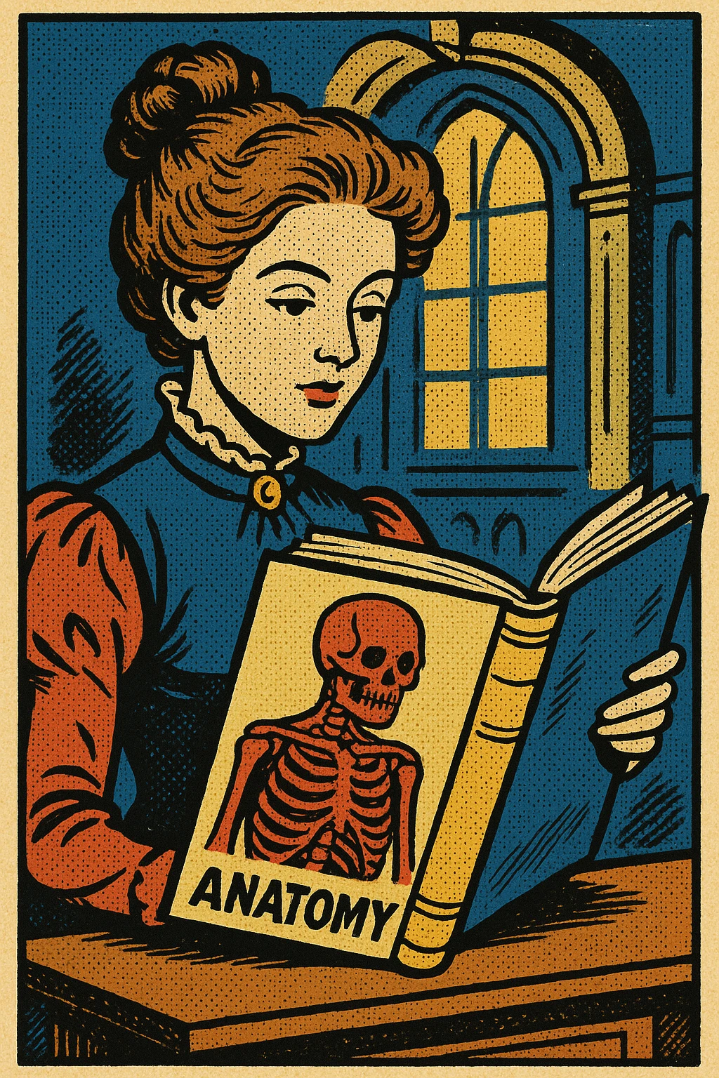 A young wealthy victorian women reading a  book about human anatomy in a university emoji