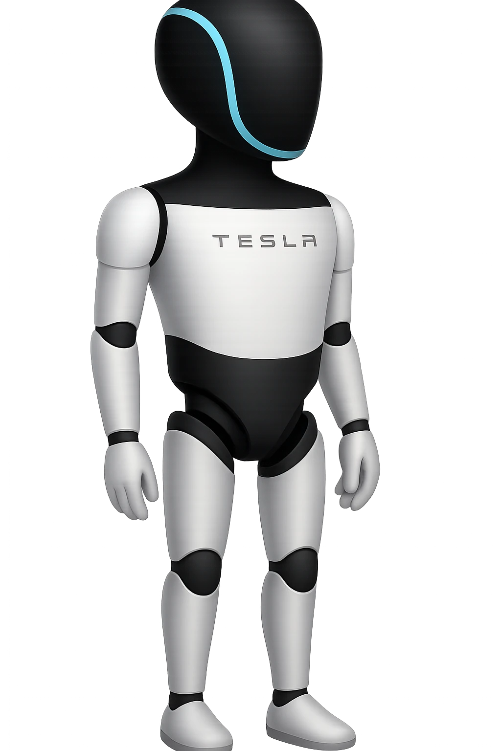 Create a fullbody Tesla robot emoji with the exact head from the reference image. The robot should have arms down pose, looking slightly to the side, and be in the apple emoji style. The style should be respected as closely as possible in the edit. emoji