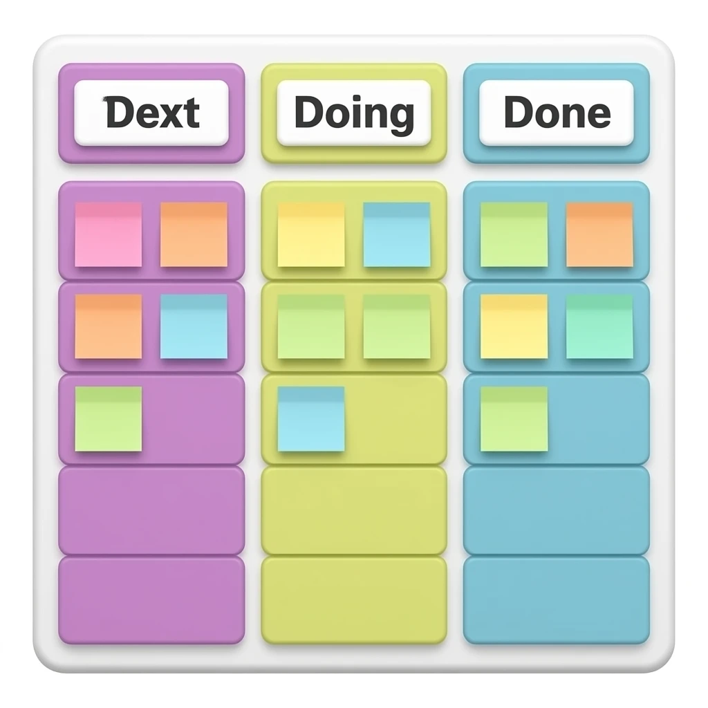 Kanban board with the columns Do, Doing and Done. Each column has different pastel colors and post-its on them. emoji