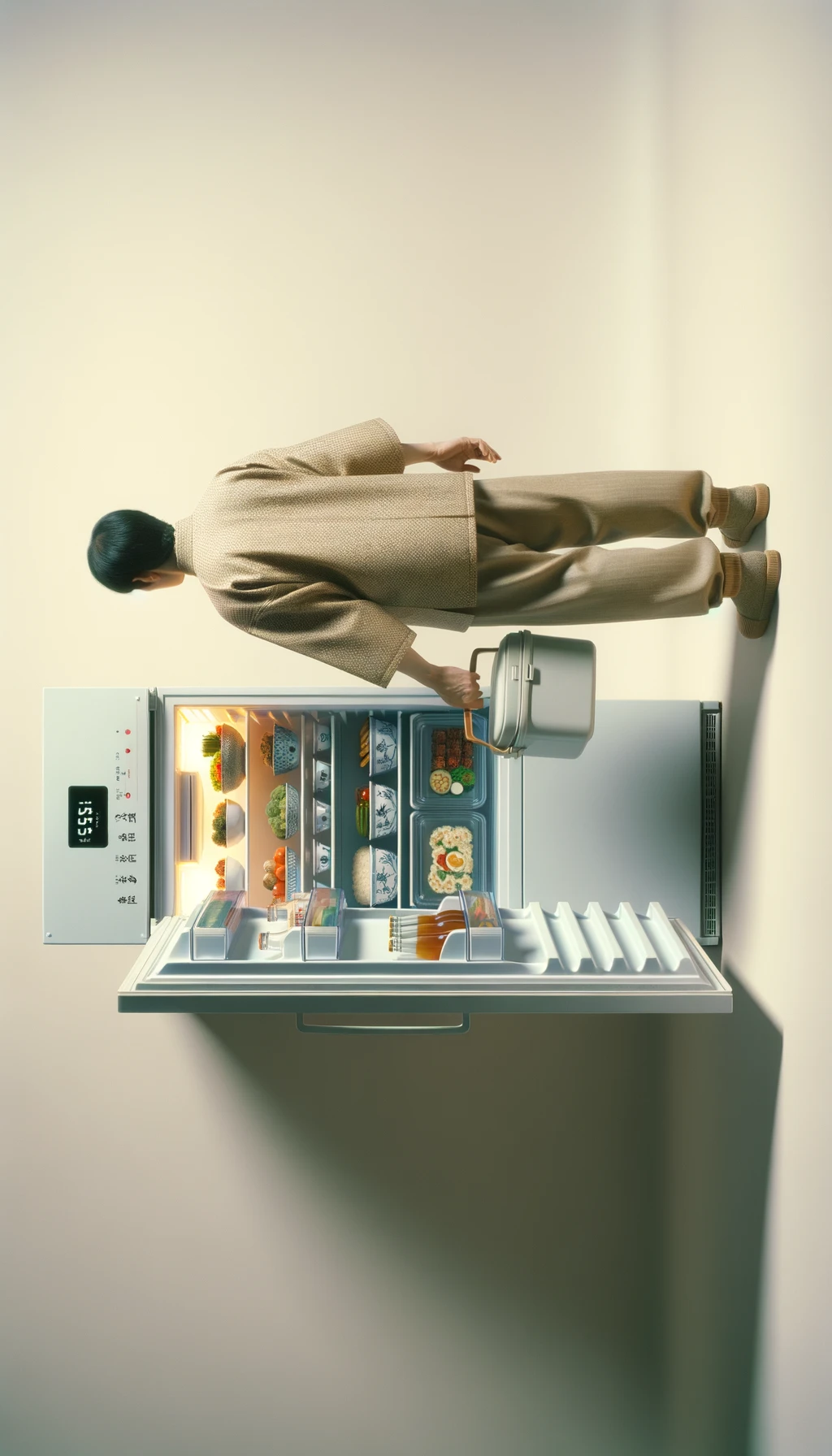 corpo umano di spalle che mette una schiscetta con del cibo già cotto in frigo, sfondo neutro chiaro emoji