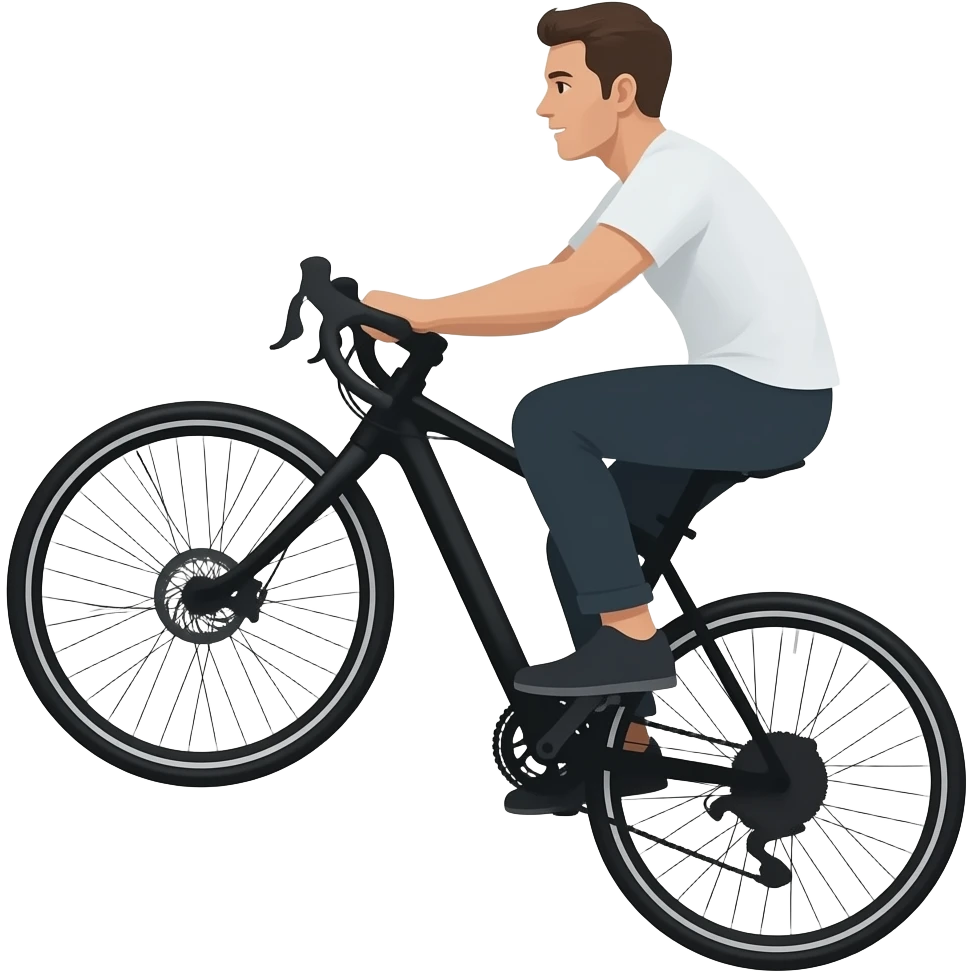 E-bike wheelie wearing white shirt black sillohette 1 bike emoji
