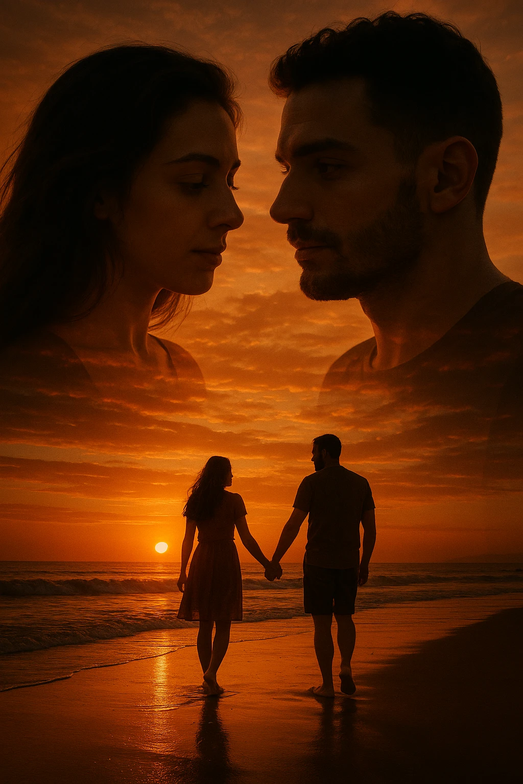 Una doppia esposizione cinematografica di noi di profilo, con un paesaggio di spiaggia al tramonto integrato nella silhouette.
La scena interna ci mostra entrambi camminare sulla sabbia bagnata, tenendoci per mano, con le onde del mare che si infrangono è facile e un cielo colorato dagli ultimi raggi di sole. Atmosfera calda e intima, toni dorati arancioni, dettagli fini ed espressivi, risoluzione 8K. emoji