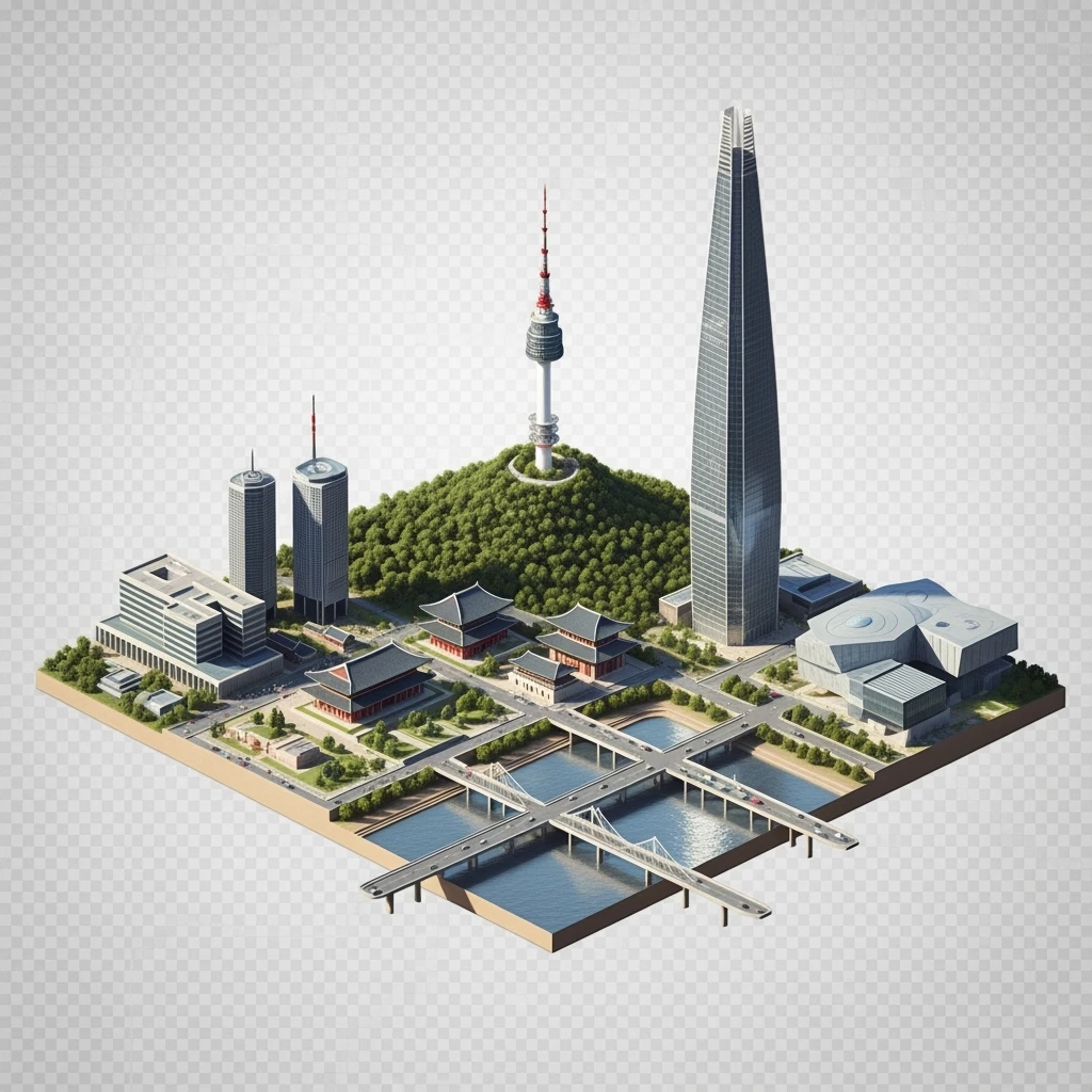 Isometric diorama of Seoul Namsan Seoul Tower, Gyeongbokgung Palace, Lotte World Tower, Dongdaemun Design Plaza, and Han River bridges, 3D miniature effect and Tilt Shift effect, no cartoonish look, transparent background. emoji