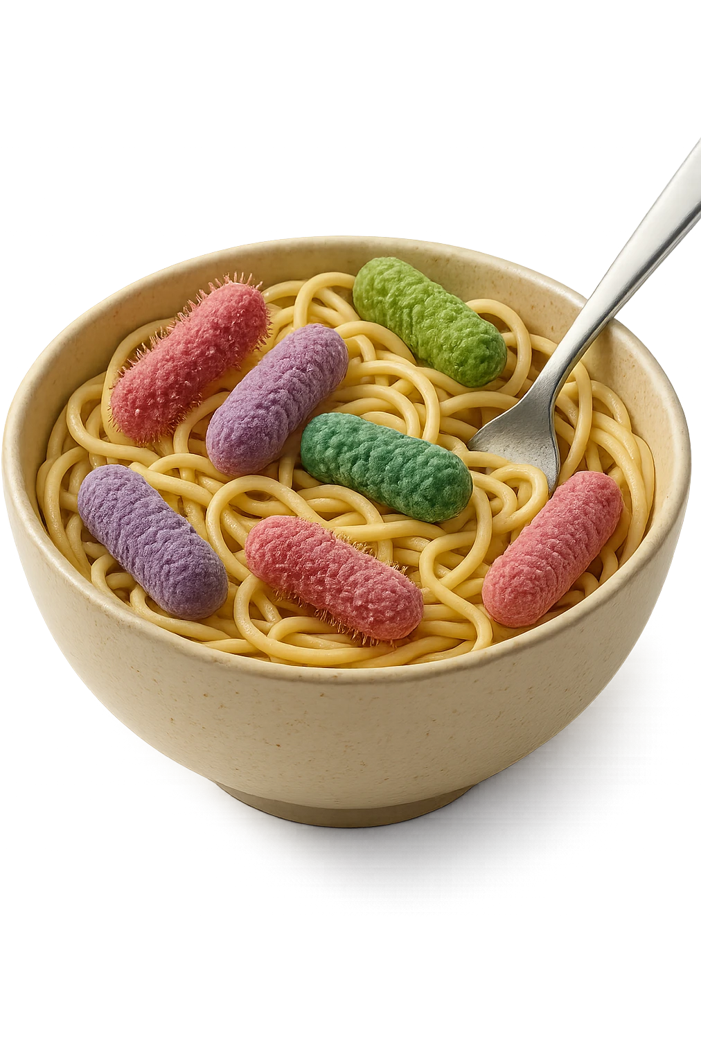 BOWL DI PASTA CON BATTERI INTESTINALI DENTRO, iperrealistico 4k, SFONDO BIANCO emoji