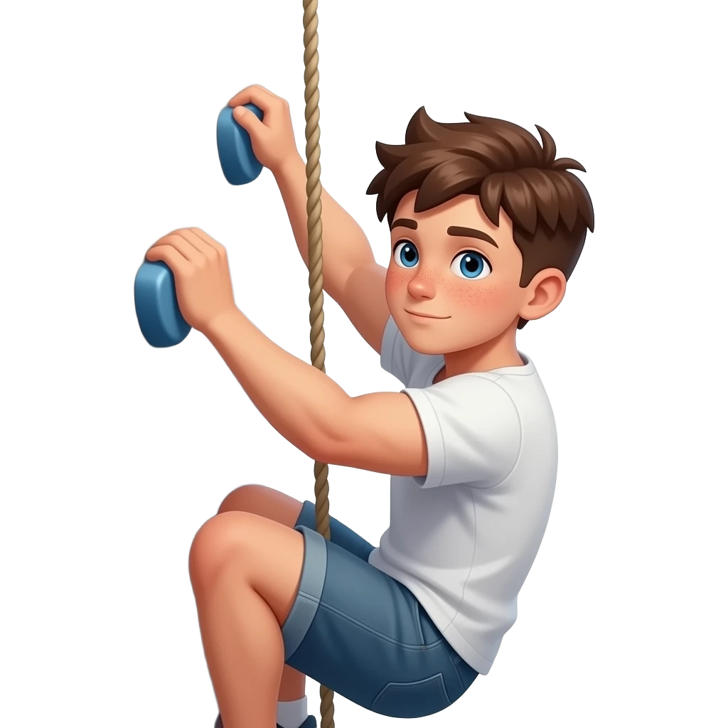 Hazme un chico con pelo rebelde castaño, ojos azules y unas pecas. Tiene que estar caminando. Y que esta un poco musculoso. Tiene que estar escalando de espaldas. Escalando una pared y con camiseta. Sin cuerda y que se le vea la nuca y la parte de atrás de la cabeza. Que se vea el cuerpo enter emoji