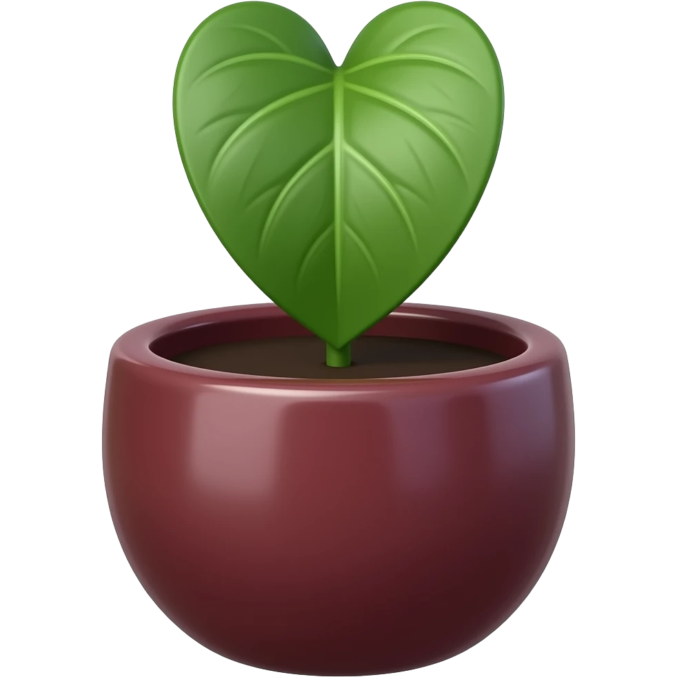 Generar una maceta circular elegante y decorativa de cerámica, la maceta es de  boca ancha y con una altura baja, la maceta es esmaltada de color burdeo tiene una planta hoja corazón. El fondo es de color blanco.  Tipo ilustración estilo cartoon  – Art Deco - 2D emoji