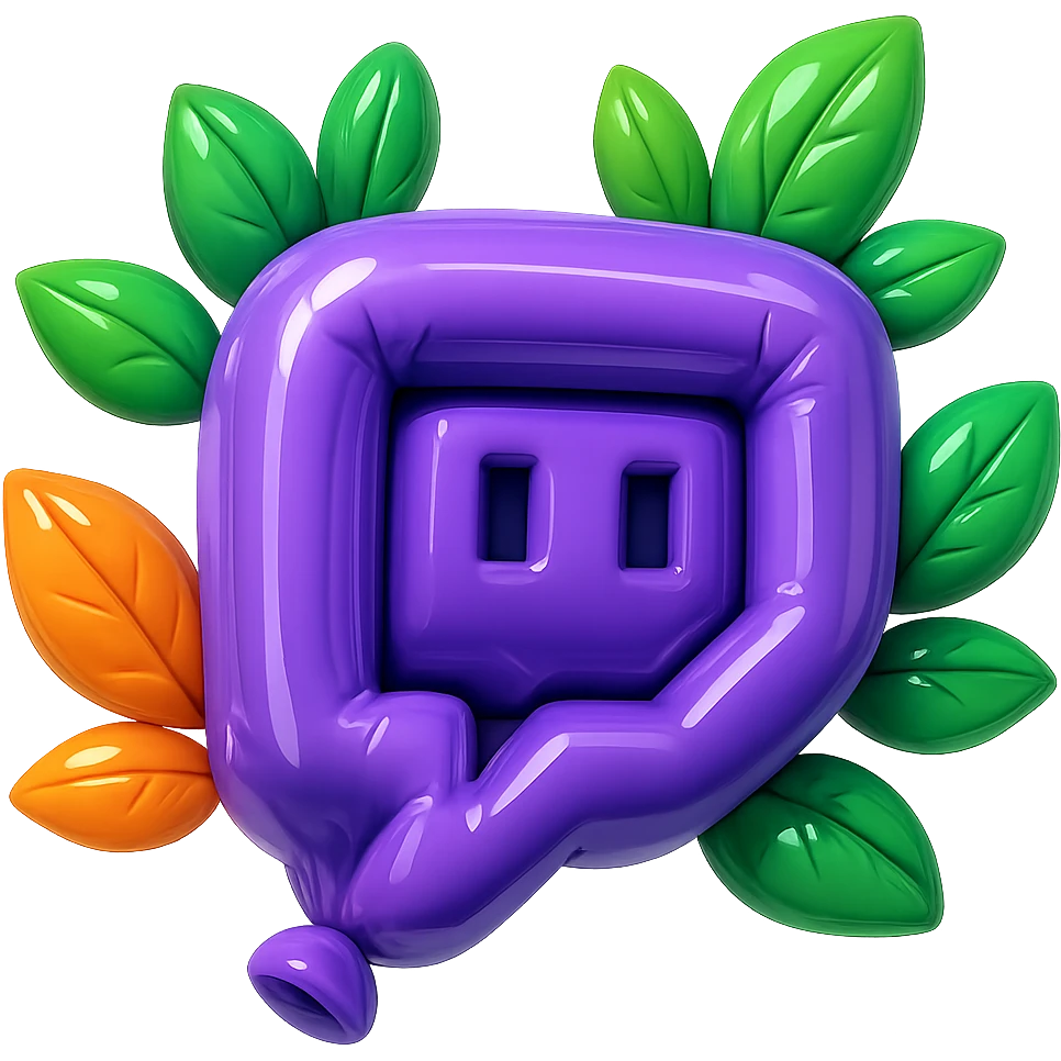 Ultra soft, balloon-like Twitch logo, extremely rounded and puffy, cartoon style, thick outline, dramatic shadows, shiny highlights, surrounded by vivid leaves, no background. Focus on extra contours, shadows, and glossy effects, matching the reference style. emoji