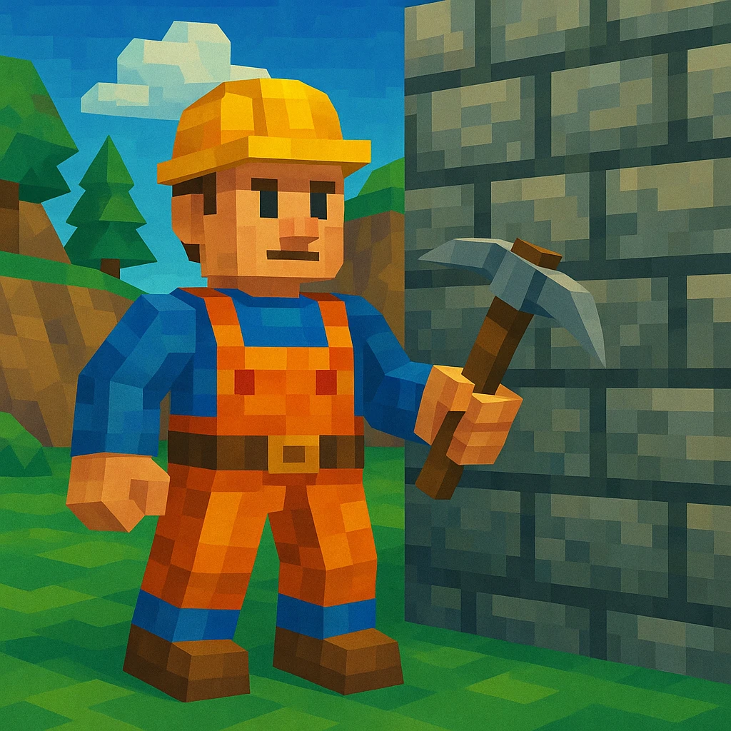 Builder holding a pickaxe near a stone wall
 emoji