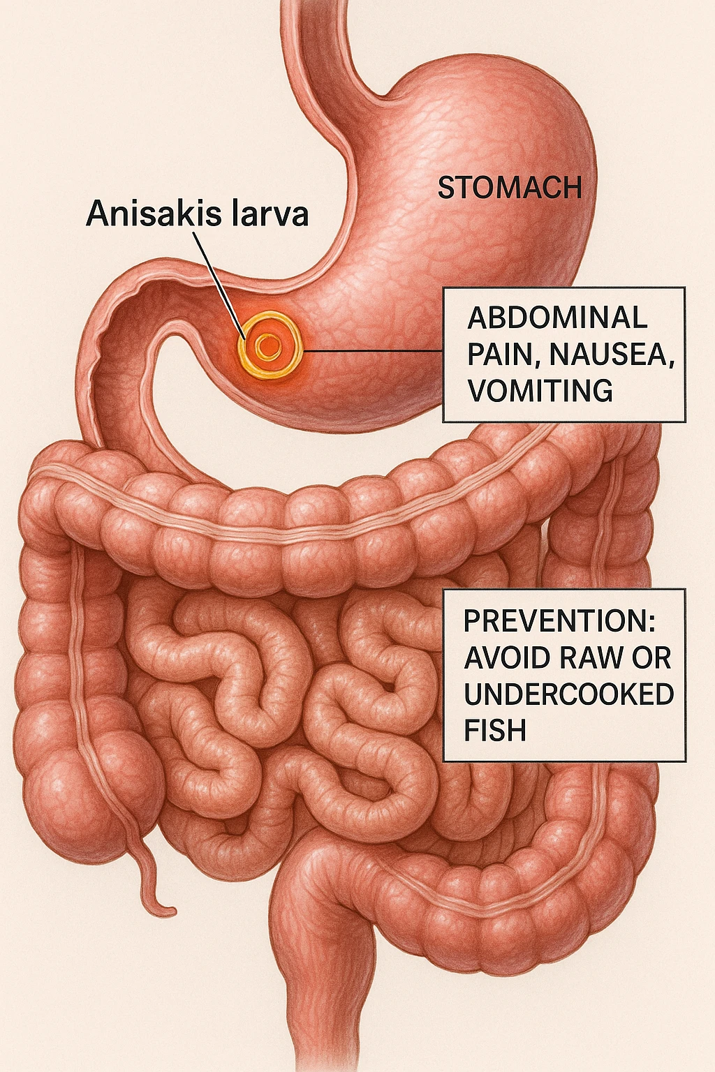 a cutaway view of the human digestive tract, showing an Anisakis larva attached to the stomach or intestinal wall. The parasite is highlighted in color, with surrounding tissue rendered in realistic detail. Educational labels describe symptoms and prevention. emoji