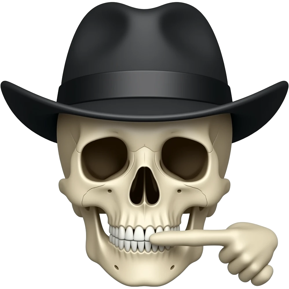 Un crane humain emoji avec un chapeau noire avec un doigs sur sa bouche emoji