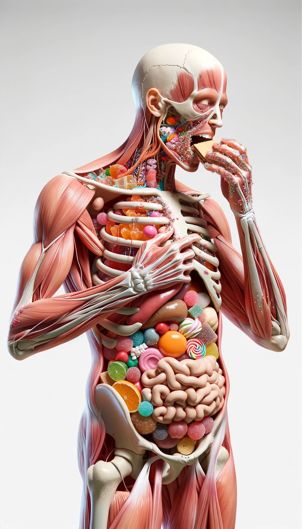 corpo umano anatomico in piedi a figura intera che si abbuffa di dolci e zuccheri, iperrealistico 4k, isolato su sfondo bianco emoji