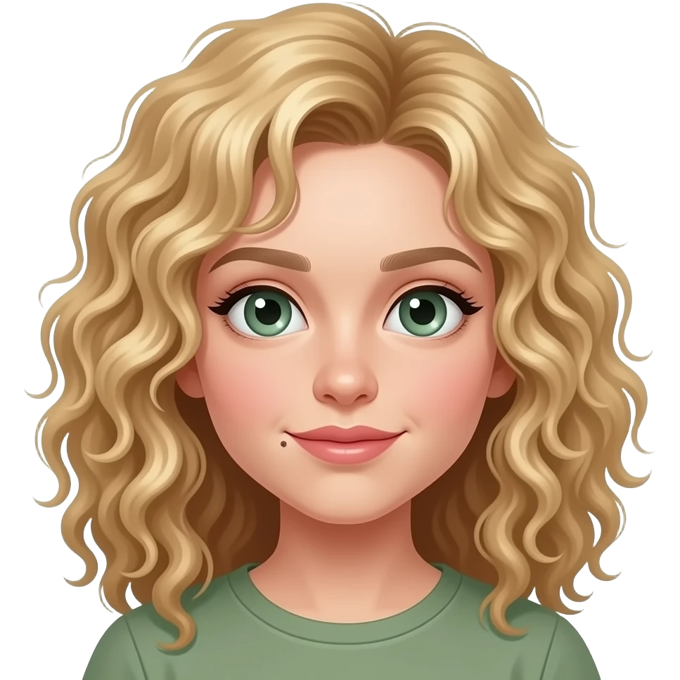 Create a fair girl with a mole under her lip, super curly hair and sage green eyes and curly dirty blonde hair emoji