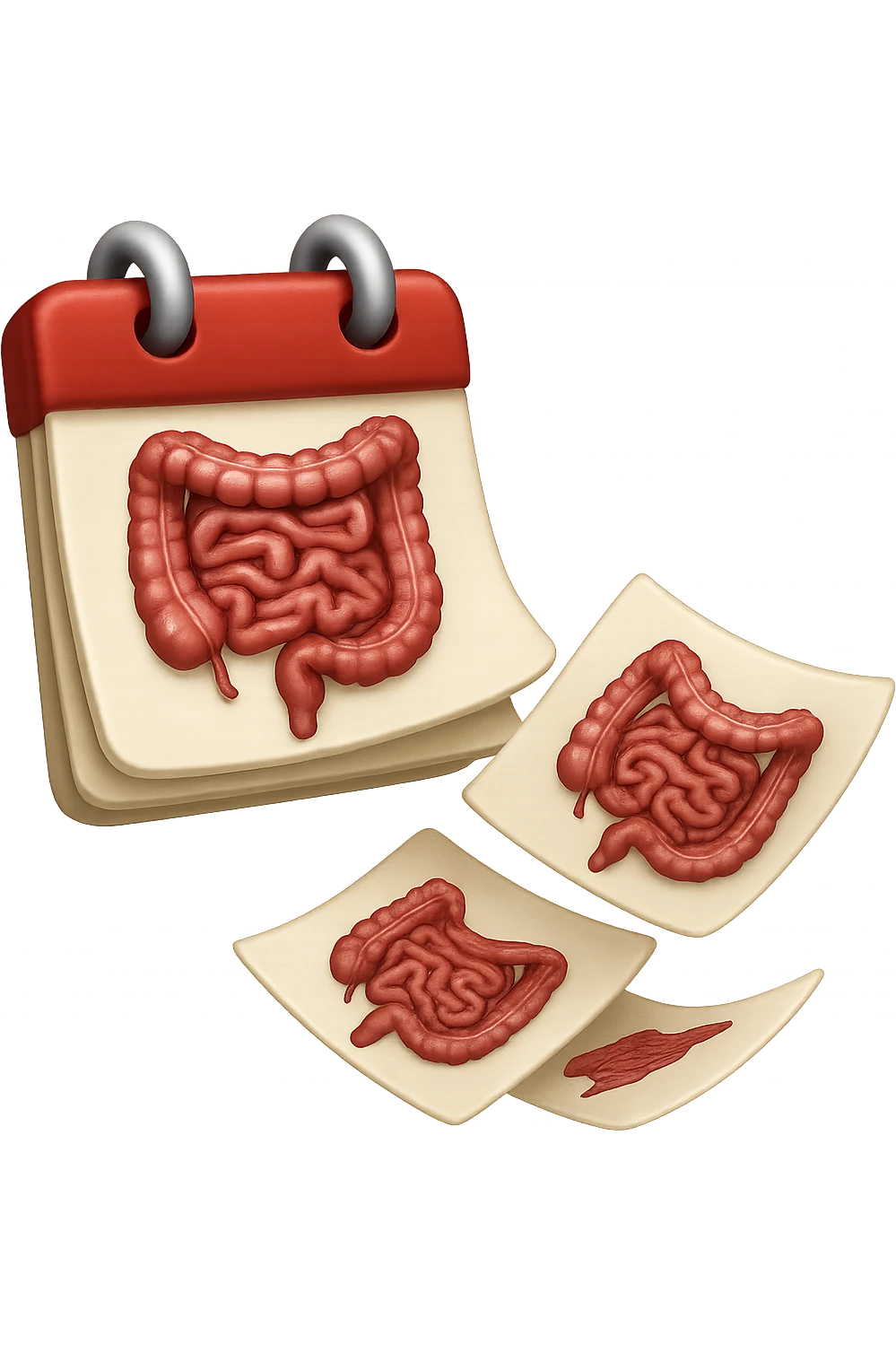 emoji stile iphone di un calendario con fogli che volano insieme, sui fogli ci sono disegnati degli intestini anatomici, iperrealistico 4k, isolato su sfondo bianco emoji