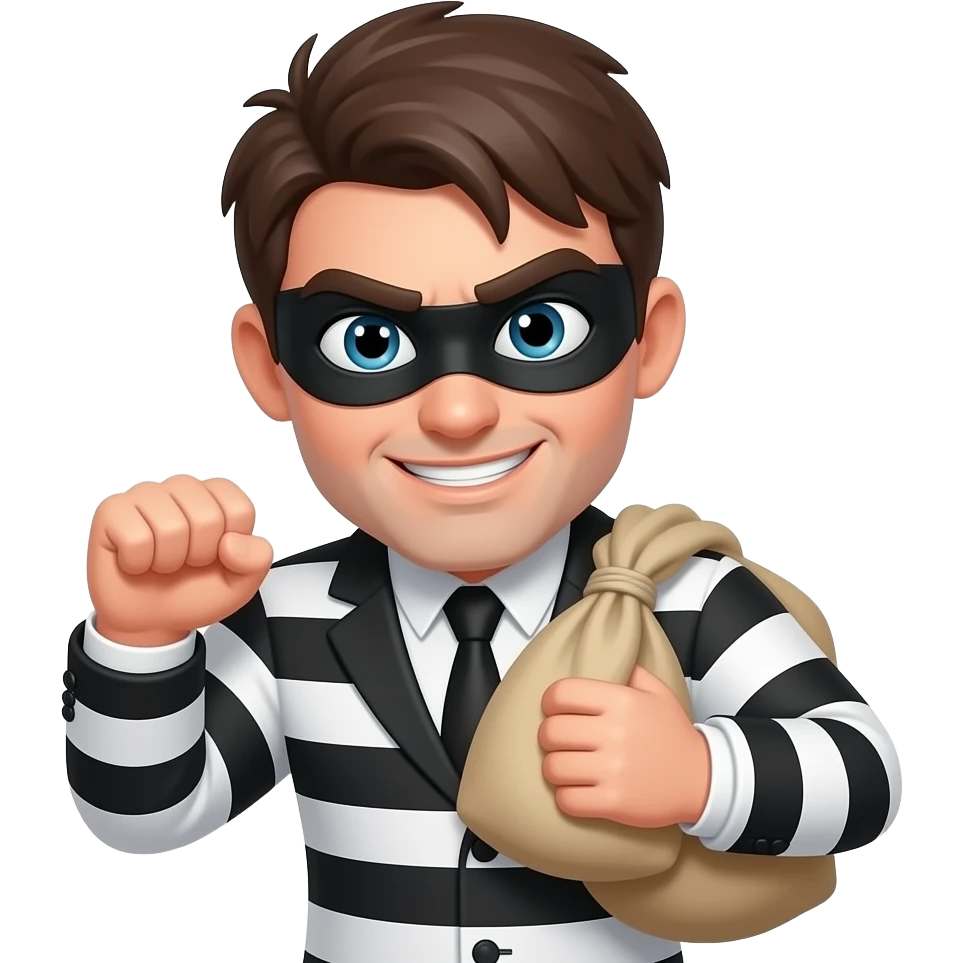 cartoon thief emoji in a striped black and white suit, holding a sack, mischievous look emoji