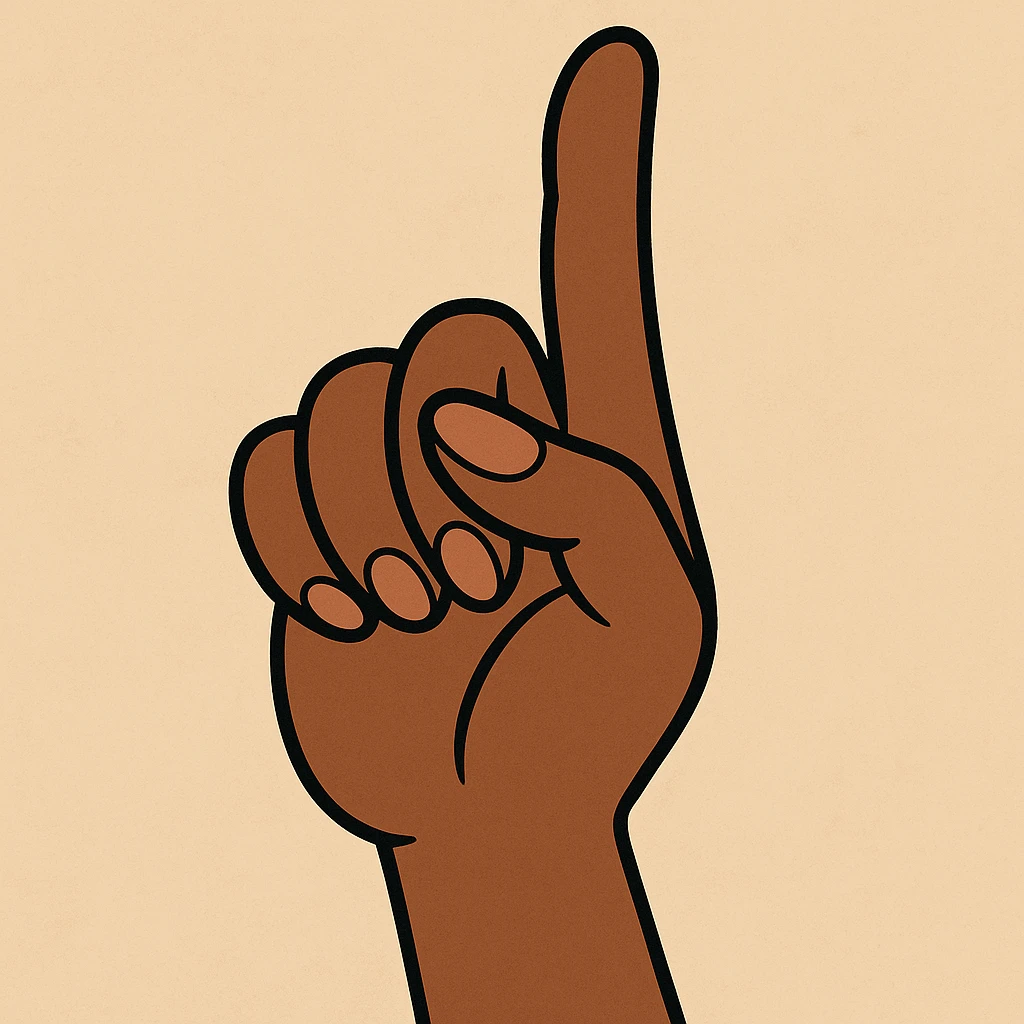 cartoon style lady's index finger pointing up, feminine hand, dark skin, plain background emoji