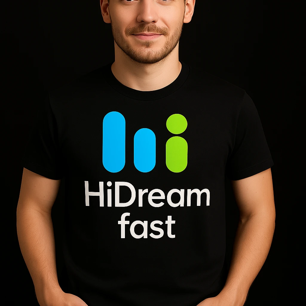 man wearing tshirt with this logo, dark night background with dim , add fast below logo emoji