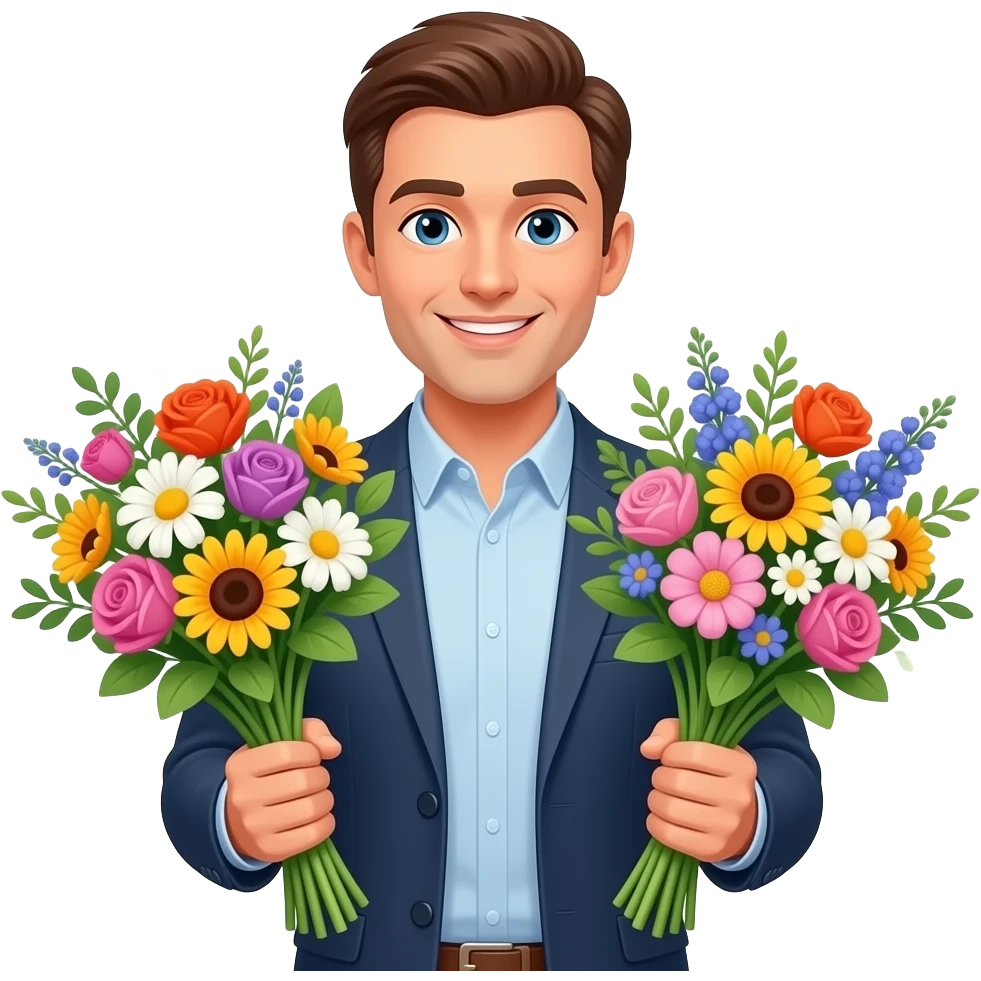 a guy holding two bouquets of flowers emoji