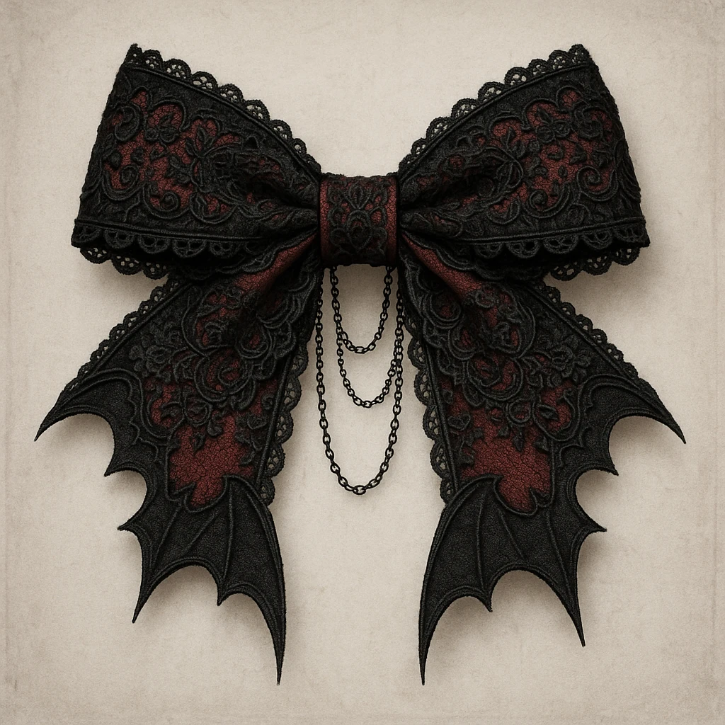 gothic lolita bow, ornate lace, black and crimson, delicate chains, Victorian influence, bat-shaped ends emoji