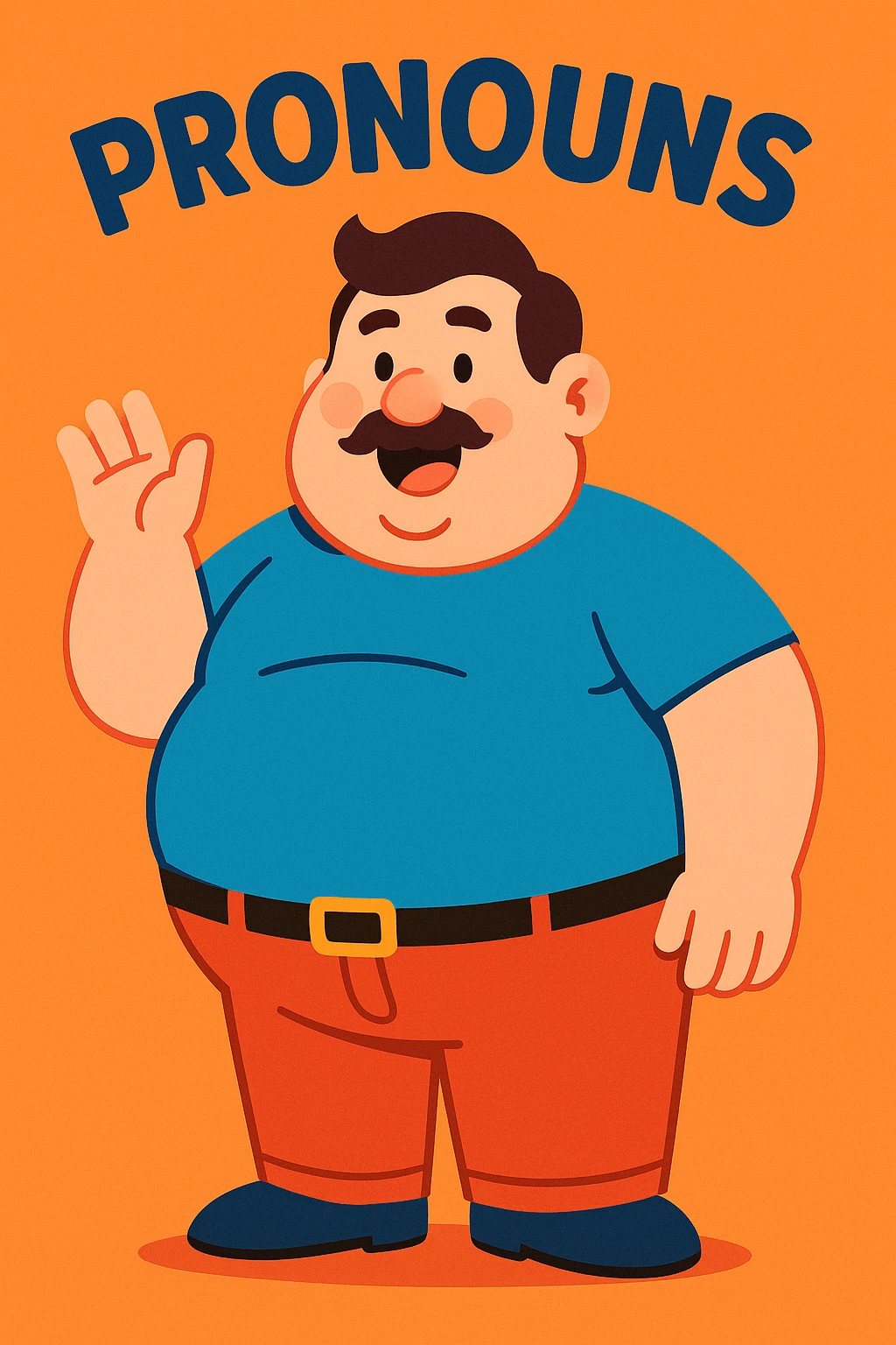 an overweight man with 'PRONOUNS' written above, bold and easy to read, cartoon style emoji