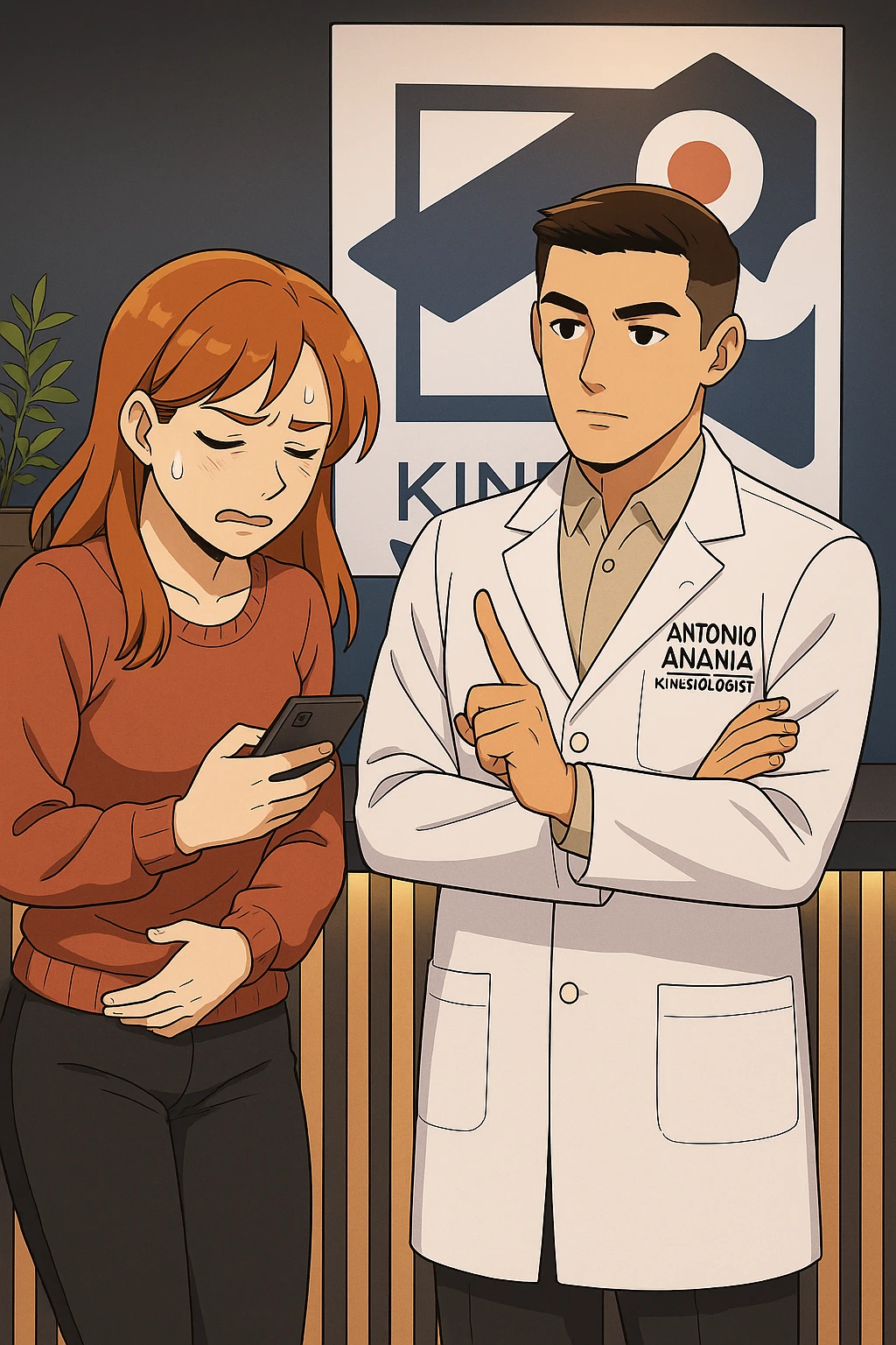 su questo stile fai un manga/webtoon a colori in cui una donna CONTROLLA LO SMARTPHONE MENTRE PARLA CON L'UOMO, l'uomo della foto in stile manga LE DICE DI "NO" CON IL DITO, mantieni un ambiente simile alla foto che ho allegato con il suo logo (sarebbe il suo studio, lui è un kinesiologo), scrivigli "ANTONIO ANANIA" sul camice bianco, non mettere fumetti, ma fai in modo che sembri che la donna CONTROLLI LO SMARTPHONE E L'UOMO CON I GESTI LE FACCIA CAPIRE CHE STA SBAGLIANDO emoji