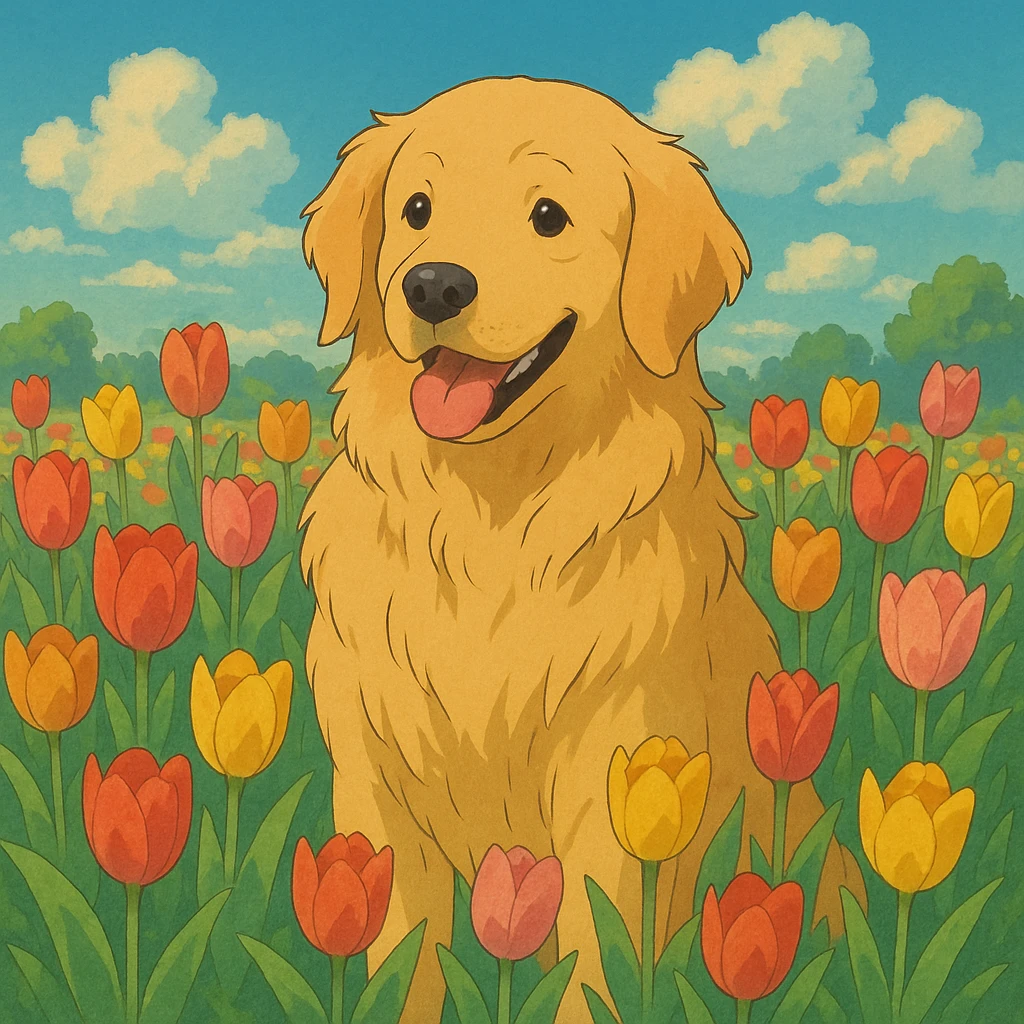 golden retriever surrounded by tulips in ghibli style emoji