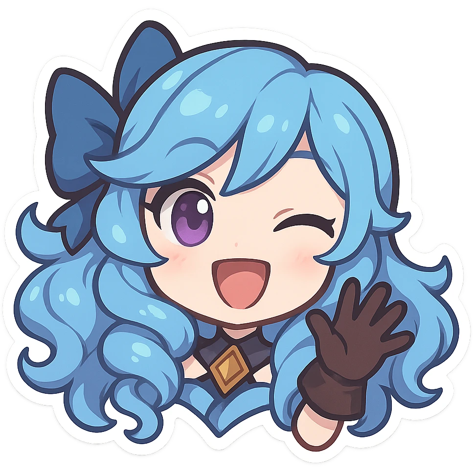 chibi style Gwen from League of Legends, only head, right eye purple, one hand waving with glove, big smile, energetic pose, blue hair emoji