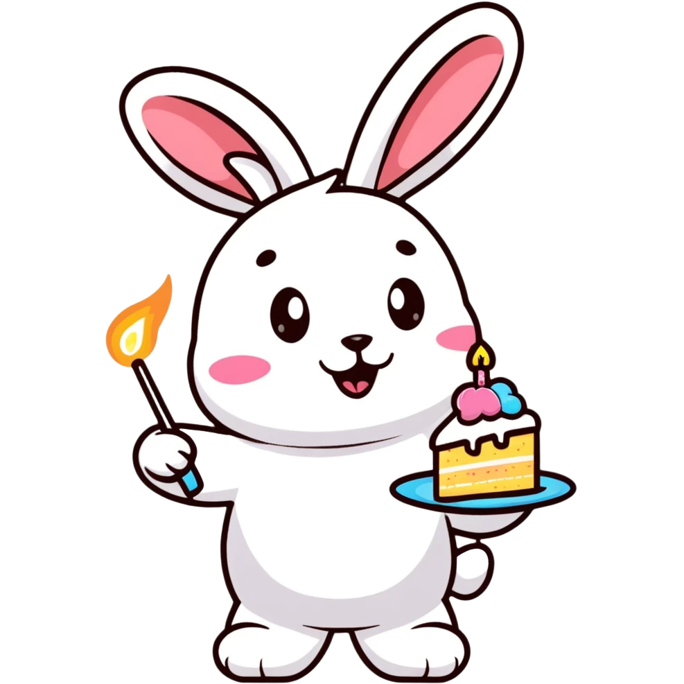 bunny holding cake slice and sparkler, winking emoji