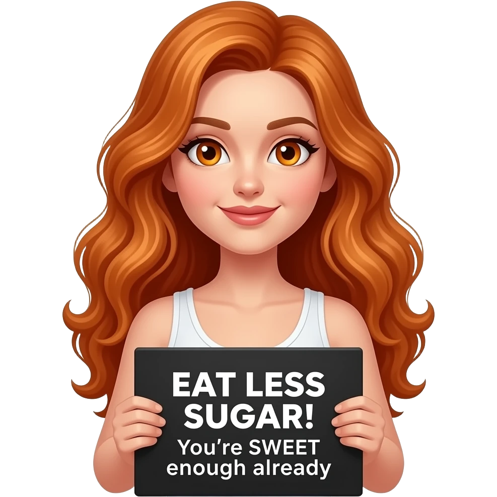 sexy girl with long wavy ginger hair and ginger eyes wearing a white tanktop is holding a black colored sign with EAT LESS SUGAR! You're SWEET enough already written on it emoji