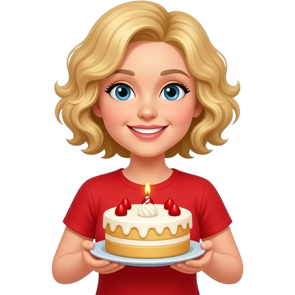 blonde curly bob holding a cake with both hands in red shirt emoji