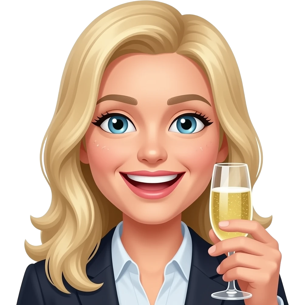 Very crazy but happy, likes prosecco, Thin blond hair, botox, blond, white skin emoji