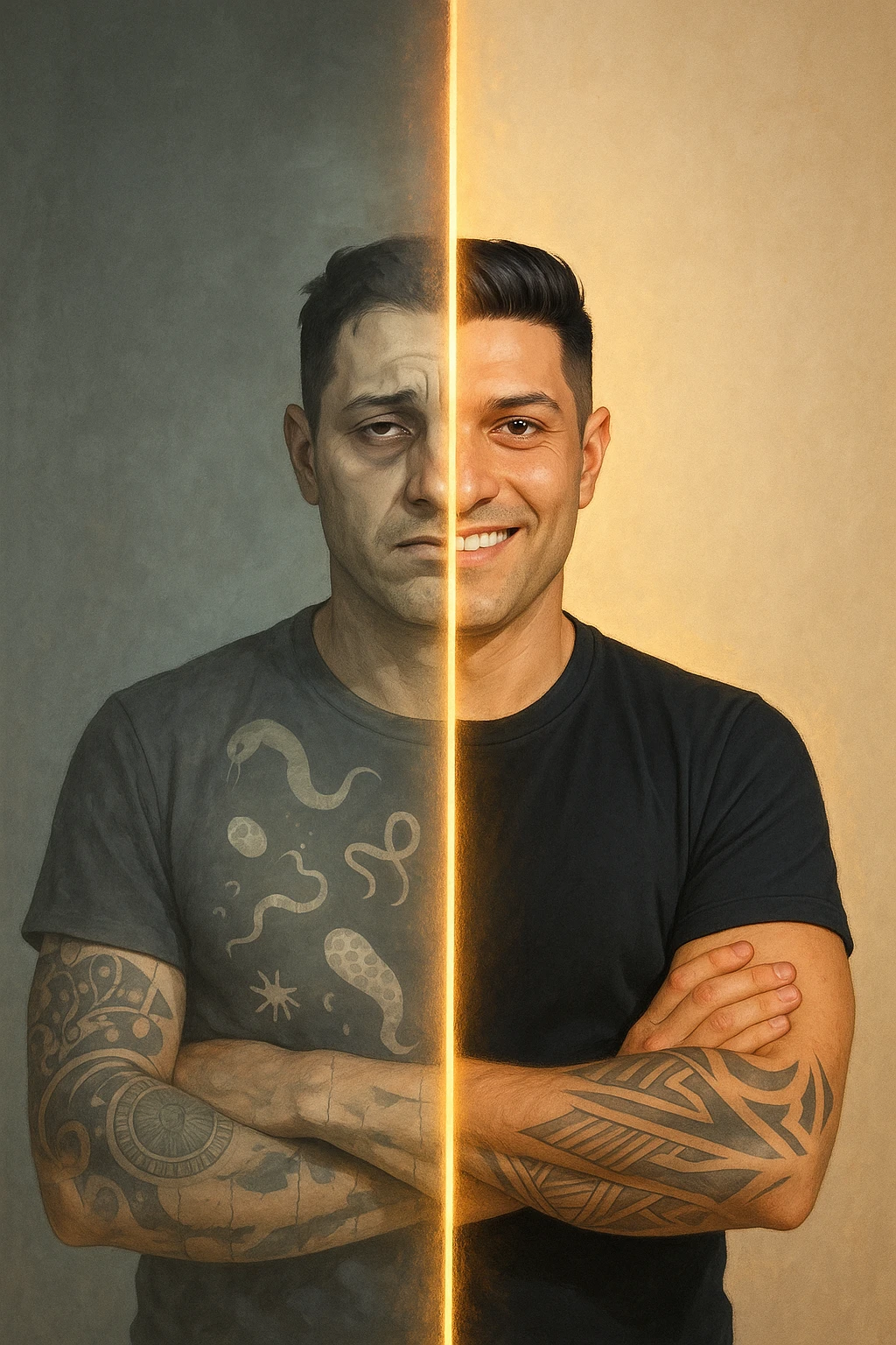 a man is depicted in two halves—on one side, he appears tired and weighed down, with faint, ghostly images of parasites visible inside his torso; on the other side, he is vibrant and healthy, with clear skin and bright eyes, the parasites gone. A visual transition or glowing line separates the two states, symbolizing recovery. emoji