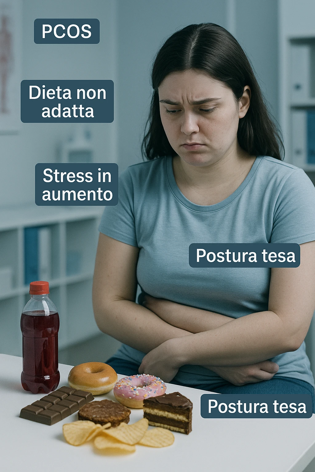 Donna con PCOS, dieta non adatta e stress in aumento, postura tesa, cibi sbagliati in evidenza, atmosfera clinica, didascalie in italiano, aspect ratio 2:3 emoji