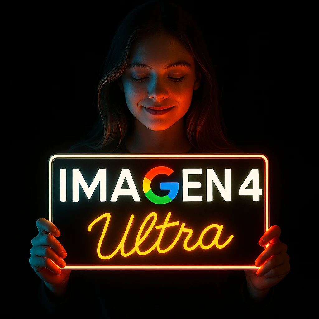 make a girl holding this sign, but sign in made of neon, also add ultra below the sign emoji