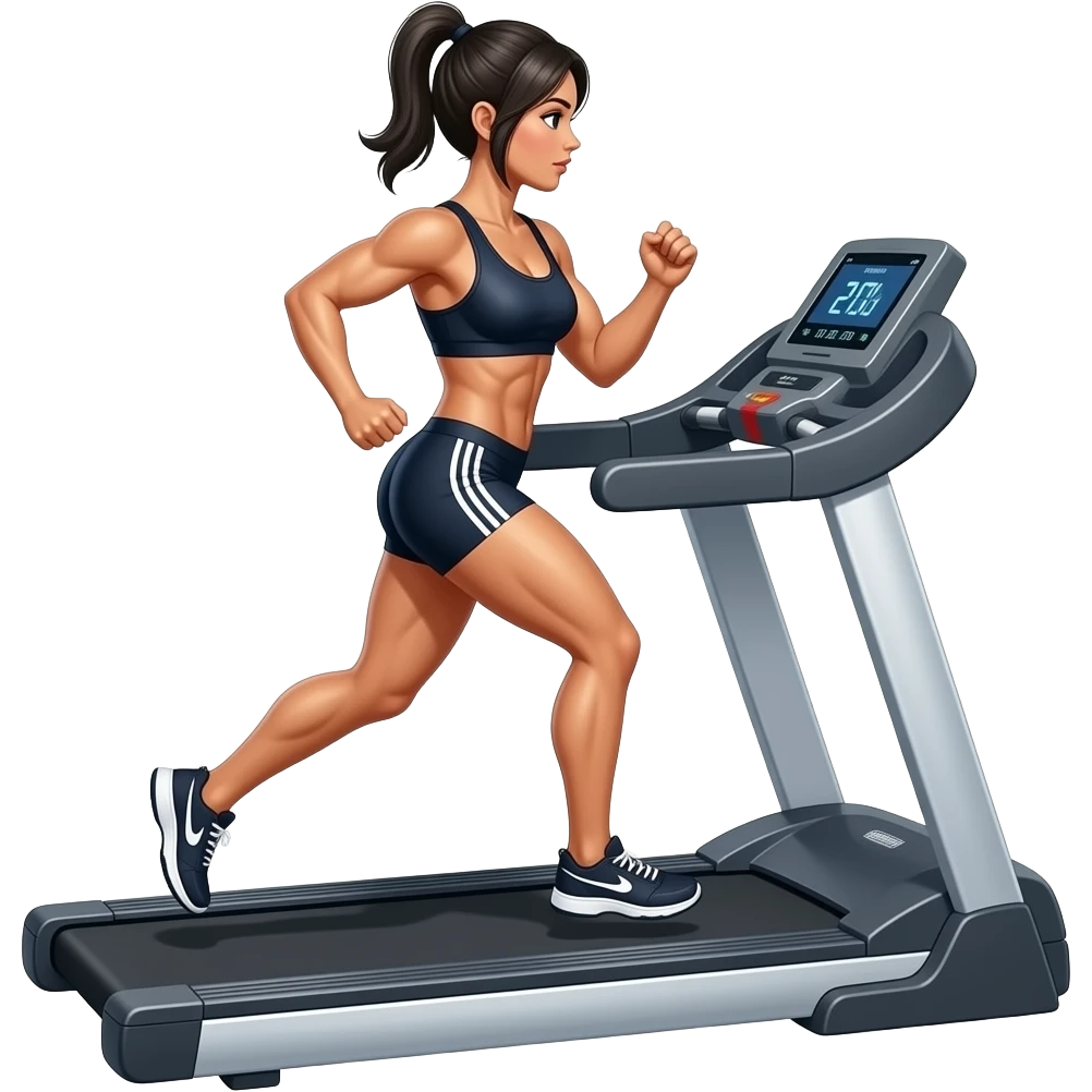 tall hyrox atlethe on a treadmill, female black short haircut, muscular running on a treadmill while flexing, emoji