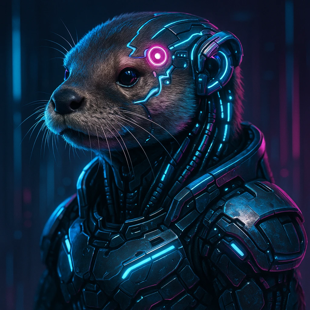 cyberpunk otter with neural interface, neon blue and pink reflections, sleek tech details emoji